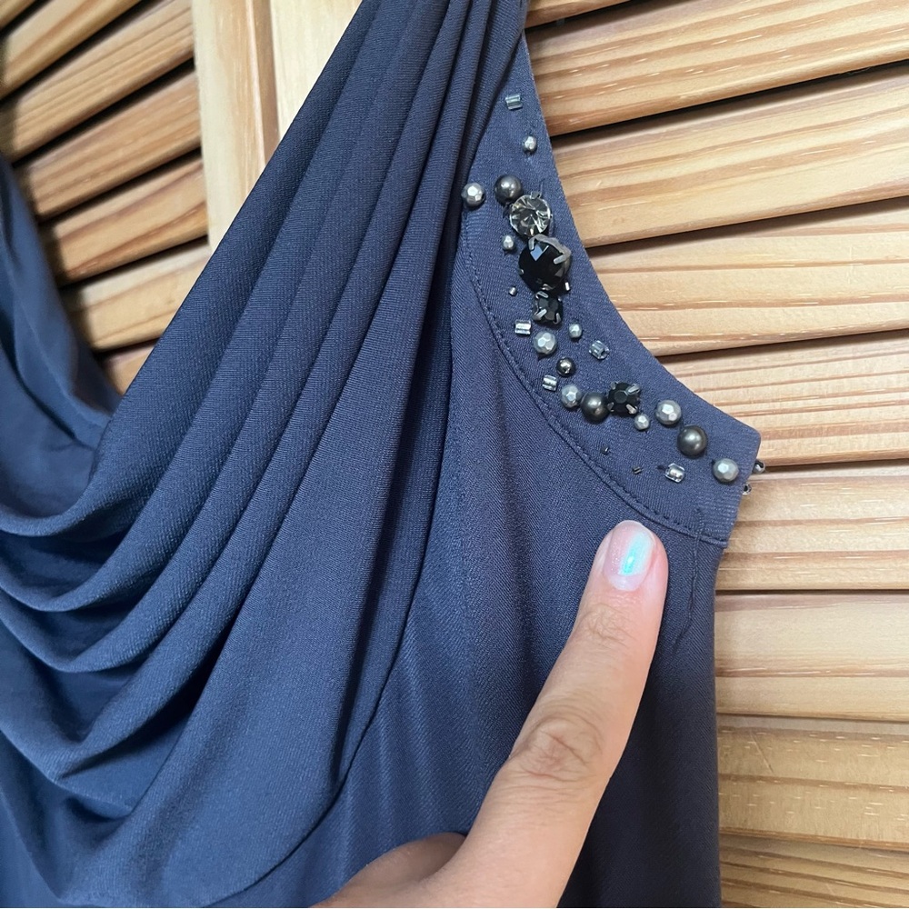 Calvin Klein Elegant Blue Sleeveless Dress Draped Neck Gems Beaded Straps Size 8 - Picture 3 of 11